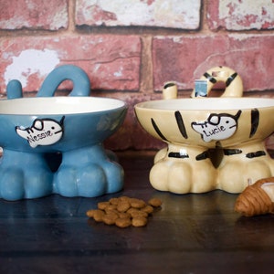 May include: Two ceramic pet bowls shaped like cats. The blue bowl has a fish design and the name "Nessie" written on it. The yellow bowl has a tiger stripe design and the name "Lucie" written on it.