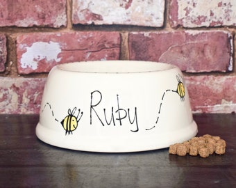 Medium slanted dog bowl, dog bowl, dog food bowl, custom dog bowl, dog feeder, personalised dog bowl, ceramic dog bowl, dog bowls, bee bowl
