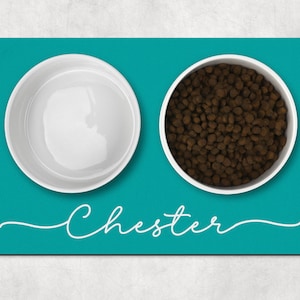 Könnte beinhalten: Türkisfarbener Futterplatz für Haustiere mit zwei weißen Schalen, eine davon mit braunem Trockenfutter gefüllt. Die Matte trägt den Namen "Chester" in weißer Kursivschrift.