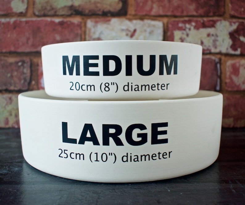 May include: Two white ceramic dog bowls, one stacked on top of the other. The top bowl is labeled "MEDIUM 20cm (8") diameter" and the bottom bowl is labeled "LARGE 25cm (10") diameter".