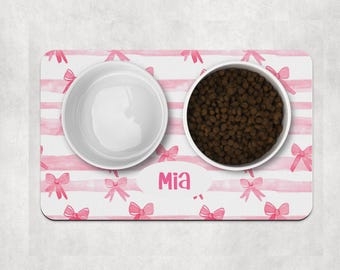 Pink Dog Bowl Mat, Custom Name Bowl Dog Mat, Personalised Pet Bowl Mat, Dog Food Mat, Puppy Bowl Mat,Cat Kitten Mat,Pretty Pink Coquette Bow