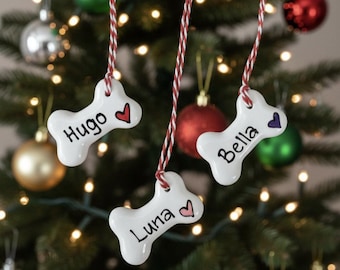 Small Dog Christmas decoration, personalised Christmas decoration, dog bone hanging decoration, personalised ceramic bone, dog lover gift