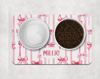 Pretty Dog Bowl Mat, Custom Name Bowl Dog Mat, Personalised Pet Bowl Mat, Dog Food Mat, Puppy Bowl Mat,Cat Kitten Mat, Coquette Bow Design