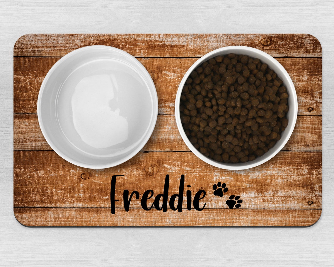 Dog Bowl Mat Rustic Wood Print Personalised Pet Bowl Mat Etsy