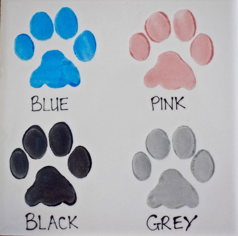 May include: Four paw prints painted in different colors: blue, pink, black, and gray. Each print is labeled with its corresponding color.