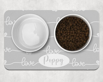 Personalised Valentine Pet Bowl Mat, Love Heart Dog Placemat, Non Slip Washable Food Mat for Dogs & Cats, Cute Pet Gift, Pastel dog bowl mat