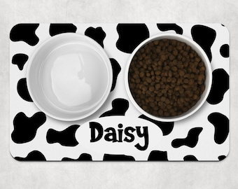 Dog Bowl Mat Cow Print, Personalised Pet Mat, Animal Print Customised Bowl Mat, Dog Food Mat, Puppy Bowl Mat, Dog Mat, Cat Bowl Mat Gift