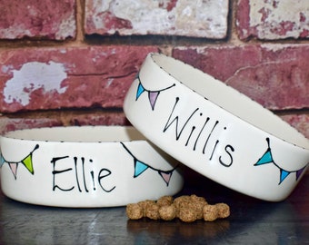 small ceramic bowl, dog bowl personalised, dog bowl ceramic, bunting, seaside, dog bowl, cat bowl, cat bowl with name, cat bowl personalised