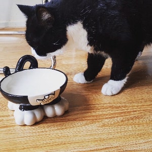 May include: A black and white cat with white paws is sniffing a black and white ceramic cat-shaped food bowl with a white base. The bowl has a black and white cat design on the side.