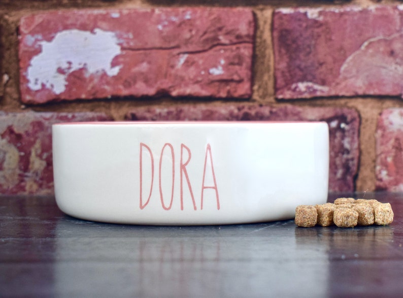 K&ouml;nnte beinhalten: Wei&szlig;e Keramik-Futternapf f&uuml;r Haustiere mit rosa Rand und dem Namen "DORA" in rosa Schrift. Die Sch&uuml;ssel steht auf einer dunklen Holzoberfl&auml;che mit ein paar braunen Hundekeksen davor.