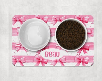 Pink Bows Dog Bowl Mat, Custom Name Bowl Dog Mat, Personalised Pet Bowl Mat, Dog Food Mat, Puppy Bowl Mat,Cat Kitten Mat,Pretty Coquette Bow