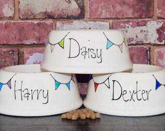 Small slanted bowl, dog bowl, cat bowl, bunting, seaside bowl, personalised dog bowl, cat bowl with name, custom dog bowl, ceramic dog bowl