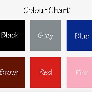 K&ouml;nnte beinhalten: Farbkarte mit sechs Farbmustern: Schwarz, Grau, Blau, Braun, Rot und Rosa.