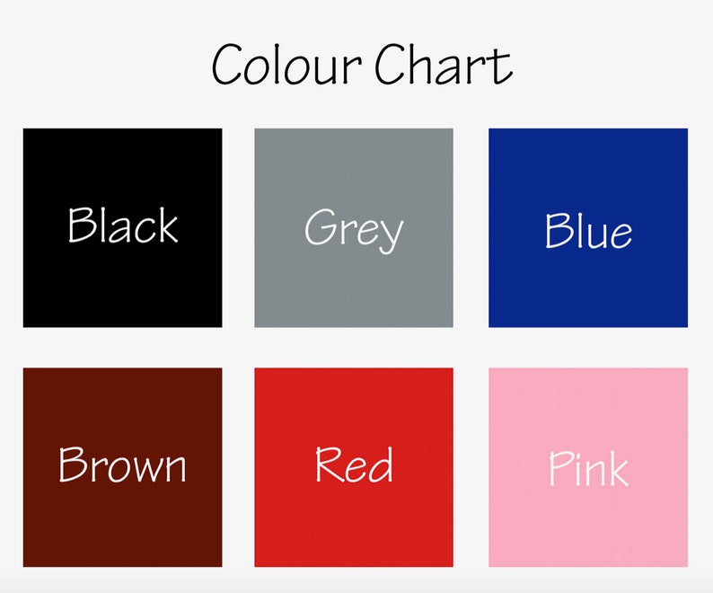 K&ouml;nnte beinhalten: Farbkarte mit sechs Farbmustern: Schwarz, Grau, Blau, Braun, Rot und Rosa.