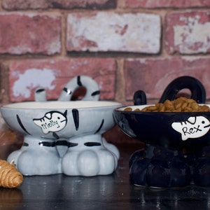 May include: Two ceramic pet food bowls shaped like cats. The gray bowl has the name "Molly" on it and the blue bowl has the name "Rex" on it.