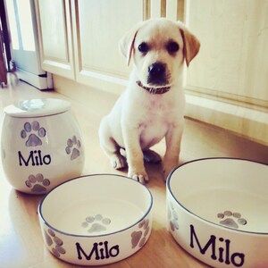 May include: A white ceramic dog bowl with the name "Milo" printed on it. The bowl has a grey paw print design. A yellow Labrador puppy is sitting in front of the bowl. There is a matching ceramic food jar with the name "Milo" printed on it.