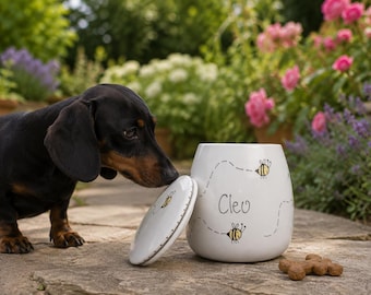 Bee design personalised dog treat jar, personalised dog food jar, dog food canister, dog treat jar, dog food storage, dog lover gift