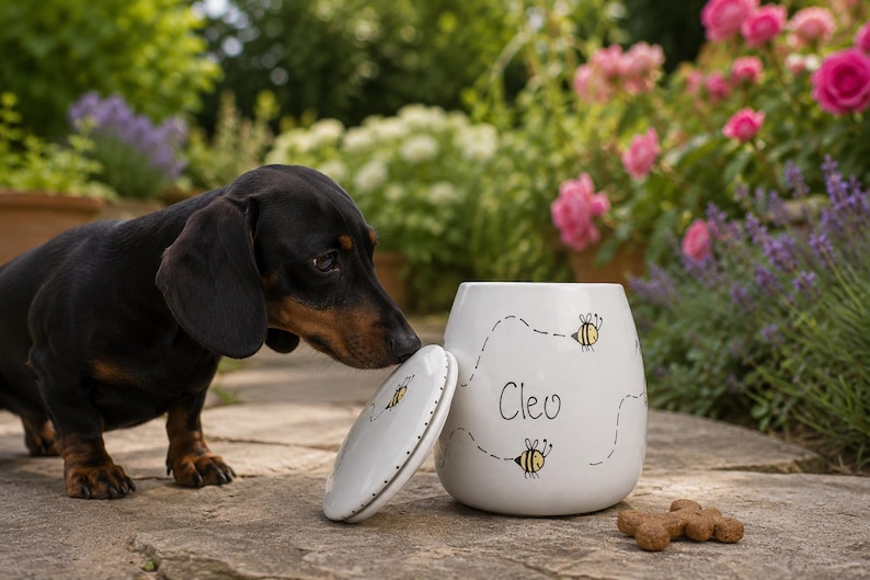 May include: A black and tan dachshund stands next to a white ceramic treat jar with a matching lid. The jar features hand-painted yellow and black bees, dashed flight paths, and the name Cleo written in black script. A bone-shaped treat lies nearby.
