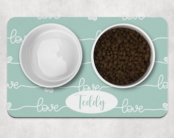 Personalised Valentine Pet Bowl Mat, Love Heart Dog Placemat, Non Slip Washable Food Mat for Dogs & Cats, Cute Pet Gift, Pastel dog bowl mat