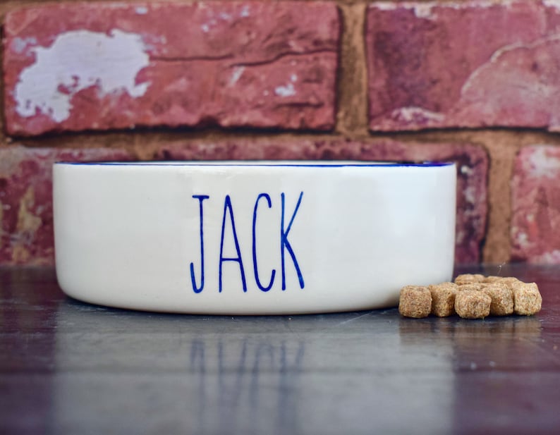 K&ouml;nnte beinhalten: Wei&szlig;e Keramik-Hundenapf mit blauem Rand und dem Namen "JACK" in blauer Schrift. Im Vordergrund liegen ein paar Hundefutter.