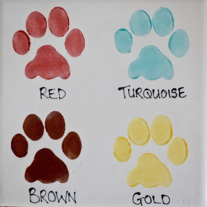 May include: Four paw prints painted on a white tile surface. The paw prints are red, turquoise, brown, and gold. The colors are labeled below each paw print.