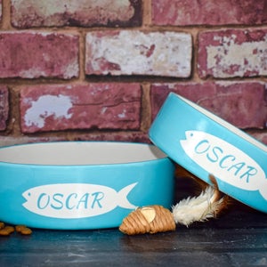 Hand painted personalised ceramic bespoke cat kitten Small and medium bowl set with fish design