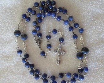 Gemstone Sodalite Rosary with Sterling Silver Miraculous Medal