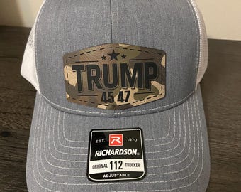 Trump 45 47 leather patch Trucker hat