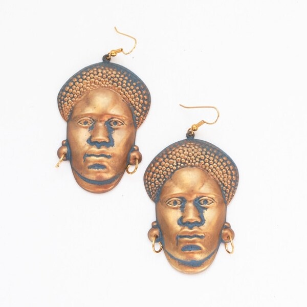 Vintage African Mask Earrings, Mask Earrings, Face Earrings, Tribal Earrings, 80s Earrings, African Earrings, Antiqued Gold Earrings,