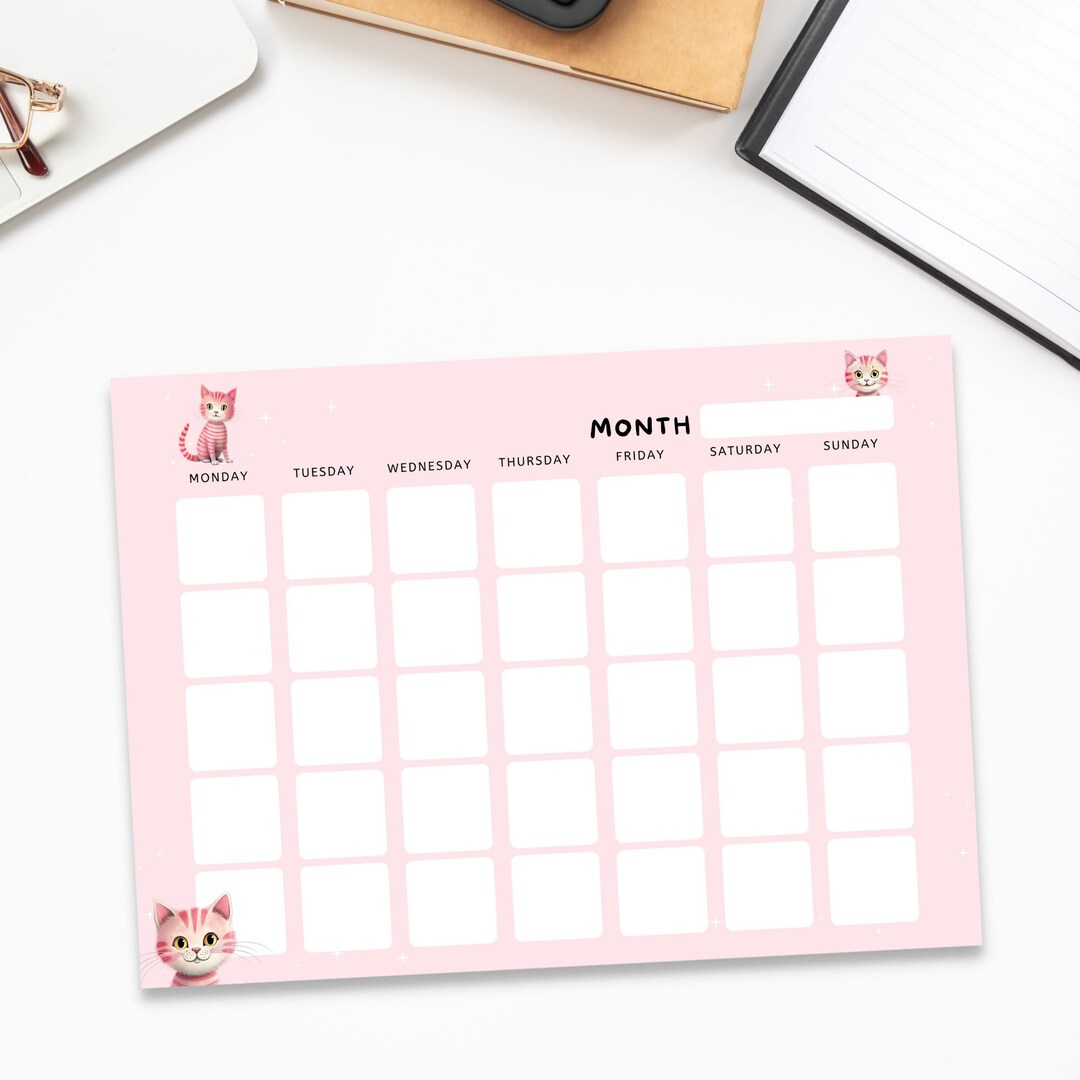 Open Dated Monthly Calendar for Cat Lover Cute Pink Calendar Etsy
