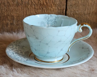 Vintage Aynsley Collectible Tea Cup Fine Bone China Robin's Egg Blue Grey Floral, Gray Flowers, Landscape, Light blue cup and saucer