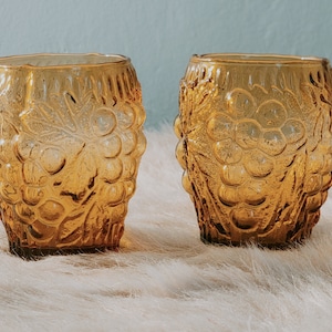 Vintage Amber Glass Pressed Grapes Tumblers - Set of Two 1960&#39;s