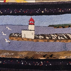 Vintage Folk Art Hooked Rug Handmade, Nautical Rug, Vintage Rug, Wall Hanging