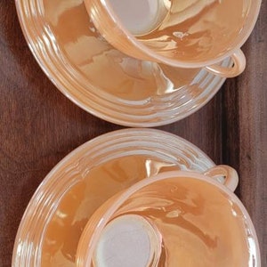 Peach Fire King Lusterware Cups and Saucers Set of 2, Vintage 1950&#39;s
