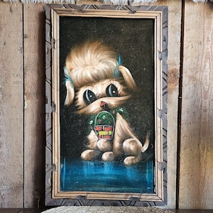 Mid Century Kitsch Velvet Painting, Vintage Velvet Dog Art