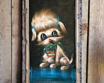 Mid Century Kitsch Velvet Painting, Vintage Velvet Dog Art