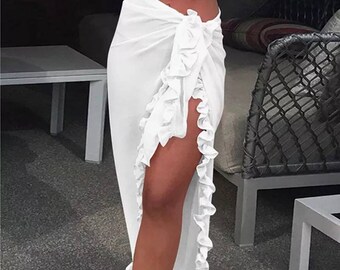 Sexy beach bikini see through coverup ruffle skirt sarong Ibiza Marbella Festival