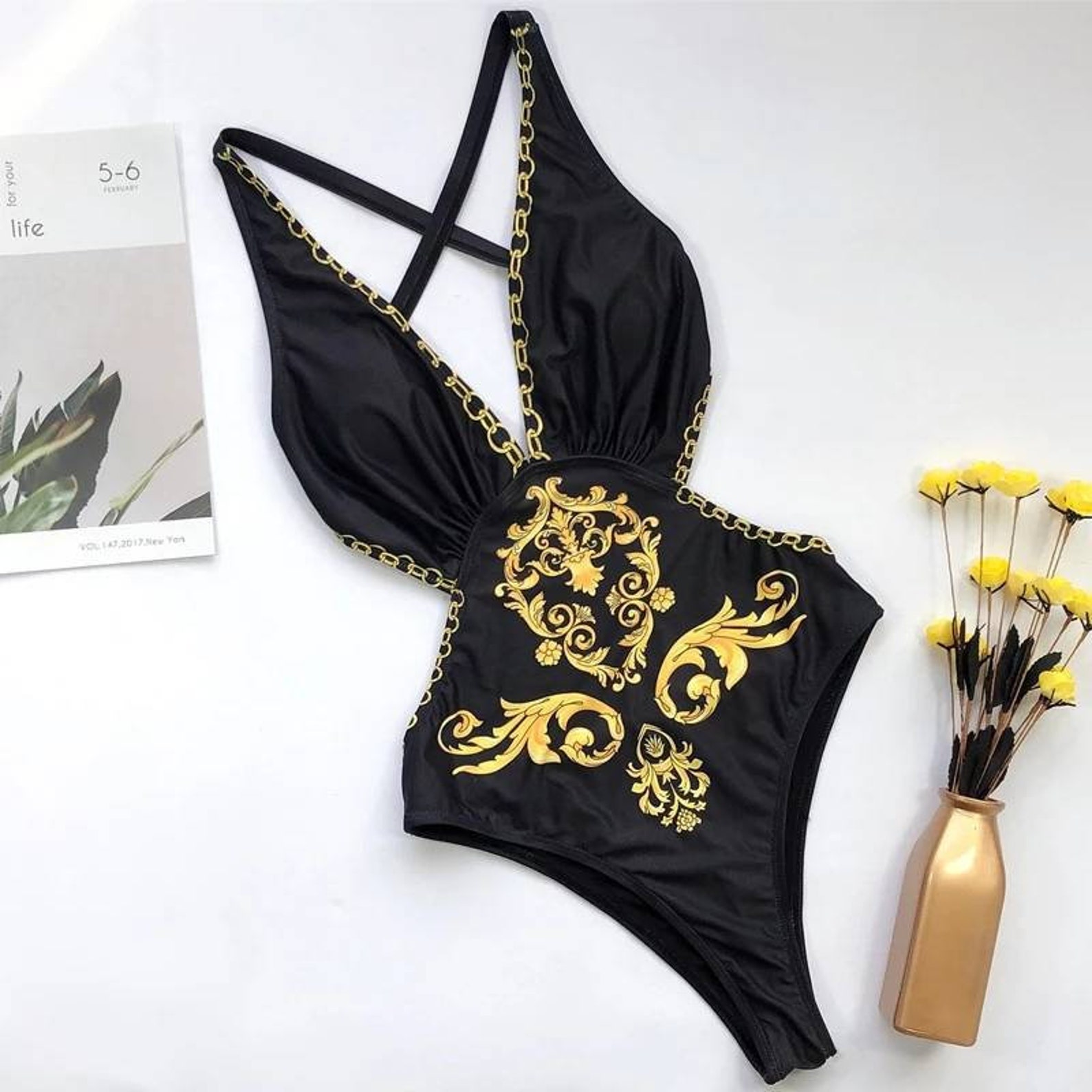 Beautiful Black and Gold Monokini Swimsuit One Piece Ibiza | Etsy UK