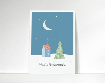 Postkarte »Frohe Weihnacht« Winterdorf bei Nacht