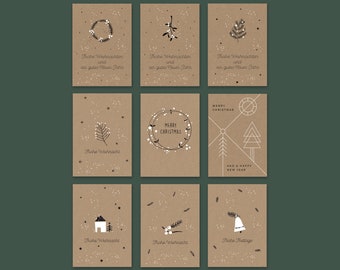 9 cartoline di Natale - Set di cartoline di Natale in cartone kraft
