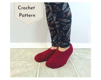 May include: Crochet pattern for a pair of red slipper socks. The slippers are made with a simple stitch and have a comfortable fit.