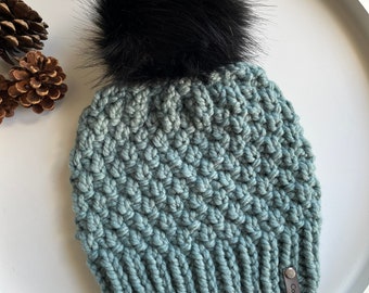 Wool Toque, Cozy Winter Hat, Soft, Succulent, Warm, Trendy, Chunky, Handcrafted, Made in Canada, Modern, Faux Fur Pom, Knit, The Knox