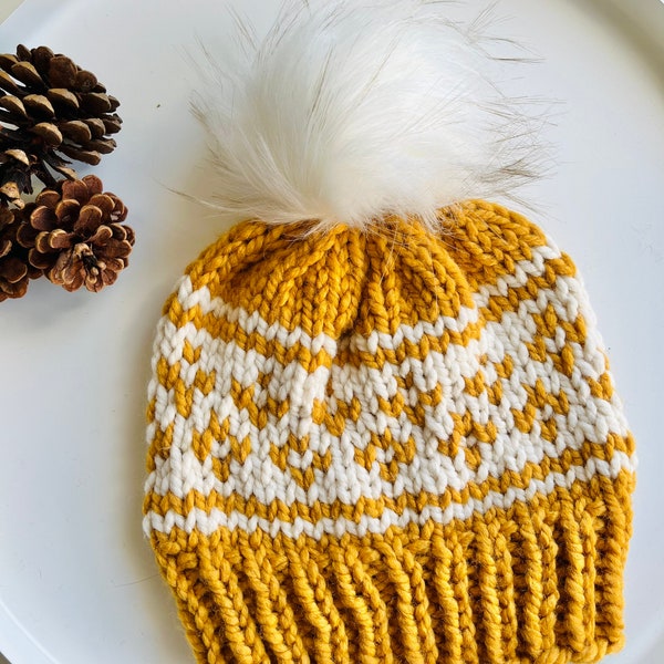 Knit Wool Toque, Mustard, Cozy Winter Hat, Fair Isle, Warm, Trendy, Chunky, Handcrafted, Made in Canada, Modern, Faux Fur Pom Non Irritating