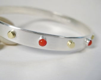 Coral Bangle - Sterling Silver Bracelet with Coral Cabochons and Gold Dots - Handmade in Maine