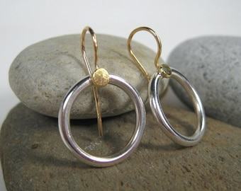 Sterling Silver Hoop Earrings with 18k Gold Dots, Handmade in Maine