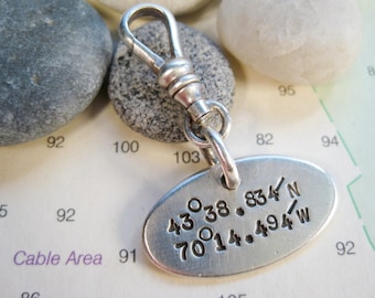 Latitude Longitude Tag - Sterling Silver Oval Tag on Swivel Hook - Hand-Stamped with custom coordinates