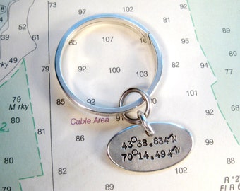 Latitude Longitude Keychain - Custom Coordinates Silver Keyring - Custom Latitude and Longitude on Sterling Silver Oval Tag with Split Ring