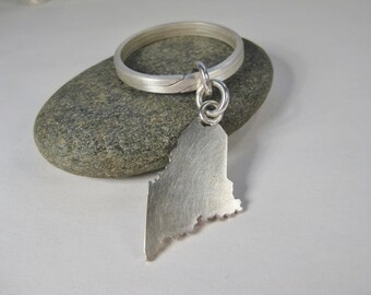 Sterling Silver Maine Keyring, Cast Sterling Maine Outline on Sterling Silver Split Ring, Made by Hand in Maine