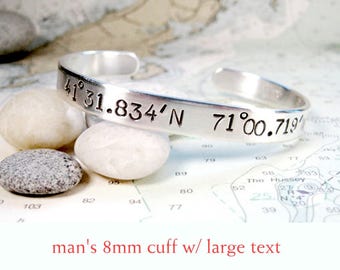 Latitude - Longitude Sterling Silver Men's Cuff (8mm w/ large text)