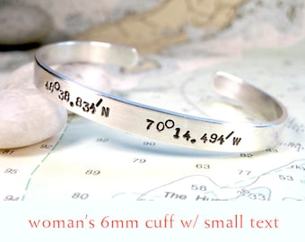 Latitude - Longitude Sterling Silver Women's Cuff (6mm wide w/ small text)